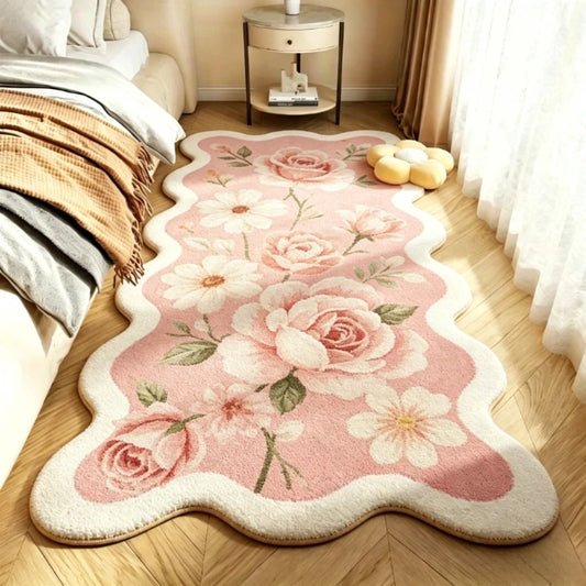 Pastoral Style Carpets for Living Room Pink Flowers Bedroom Decor Carpet Irregular Bedside Plush Rug Fluffy Soft Home Floor Mat