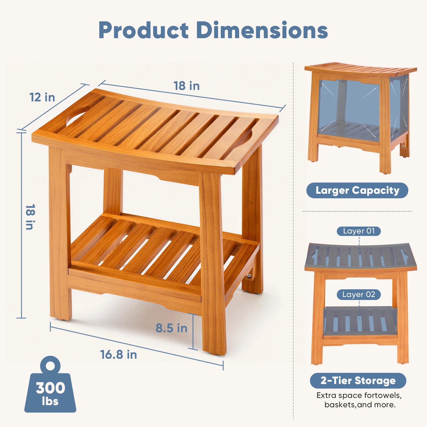 JHK 18IN/14IN Wooden Bathroom Shower Stool Waterproof Shower Bench for Shaving Legs Chair with Storage Shelf Handles 300 LBS Capacity Showering Seat