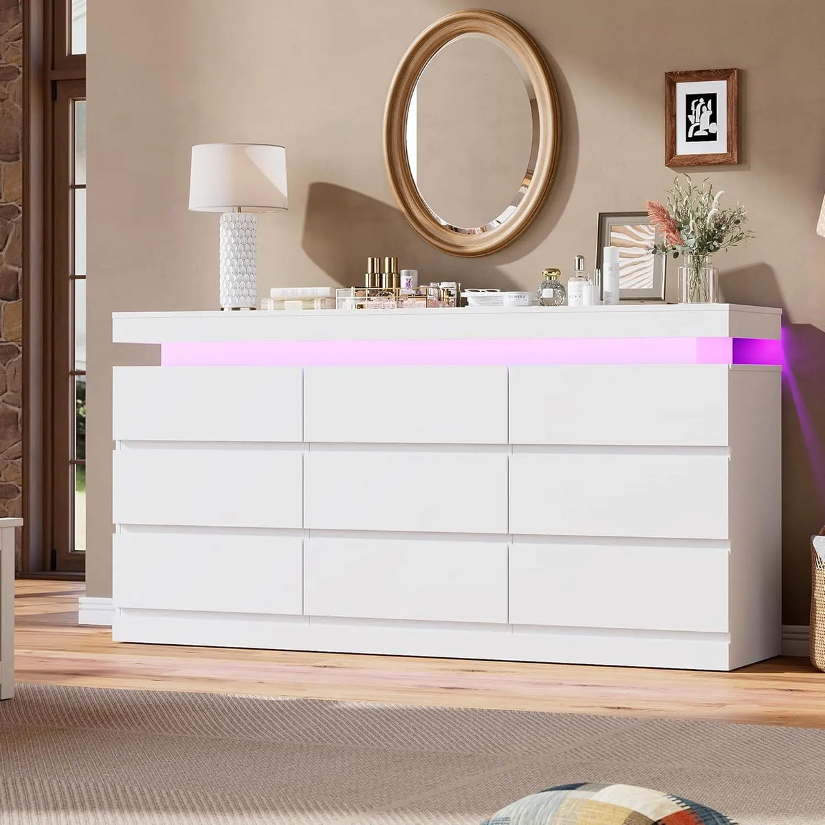 Acekool 9 Drawer Dresser With LED Lights And Charging Station
