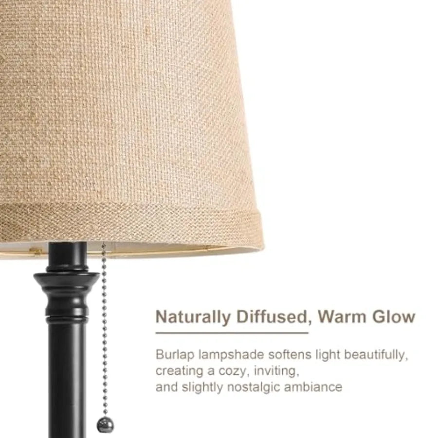 Farmhouse Table Lamp Set With Natural Shades And Pull Chains