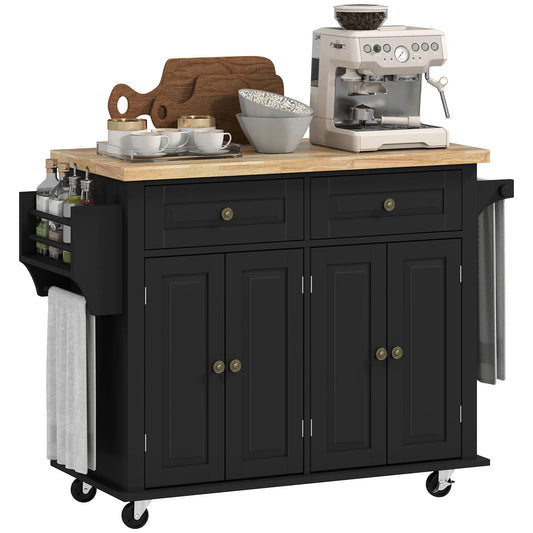 HOMCOM Kitchen Island Cart with Solid Wood Top, 44" Mobile Kitchen Island Table on Wheels with Storage Cabinets, 2 Drawers, Adjustable Shelves, Spice Rack & Towel Bar for Dining Room, Black