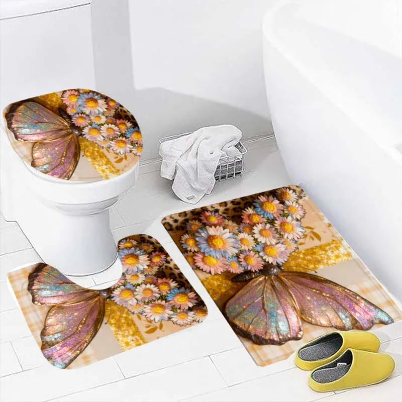2D Flat, 4pcs Floral and Butterfly 2D Bathroom Set, High-quality Bathroom Decorations and Accessories Including a Non-slip Bath Mat, U-shaped Floor Mat, Toilet Seat, and Shower Curtain with 12 Hooks.