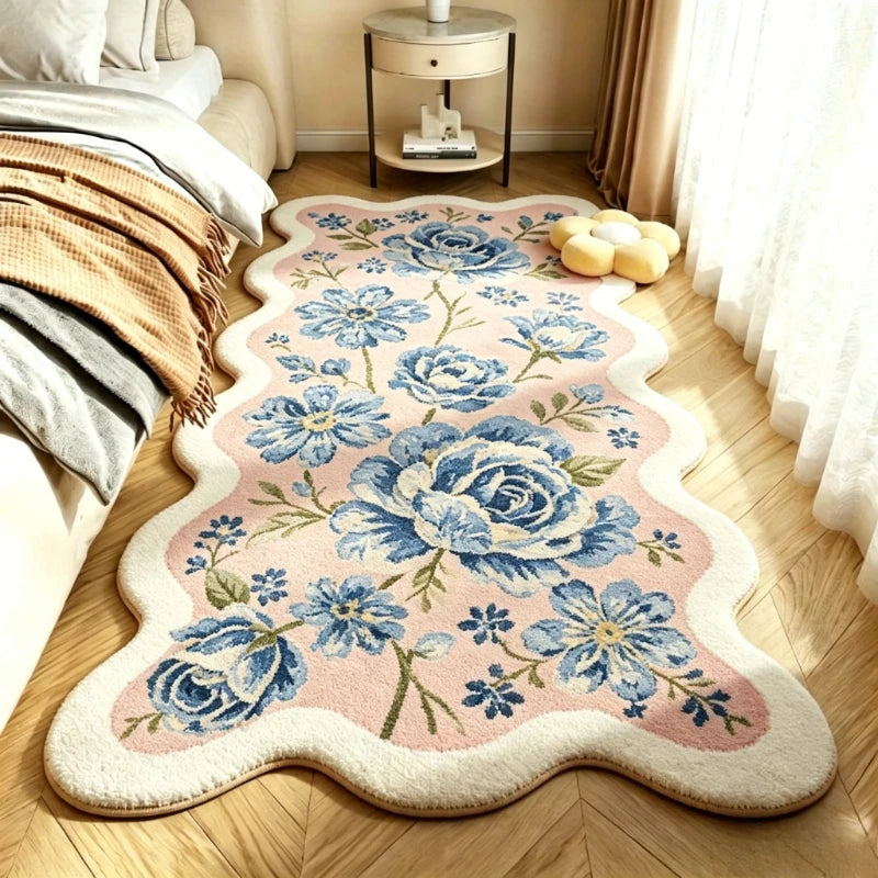 Pastoral Style Carpets for Living Room Pink Flowers Bedroom Decor Carpet Irregular Bedside Plush Rug Fluffy Soft Home Floor Mat