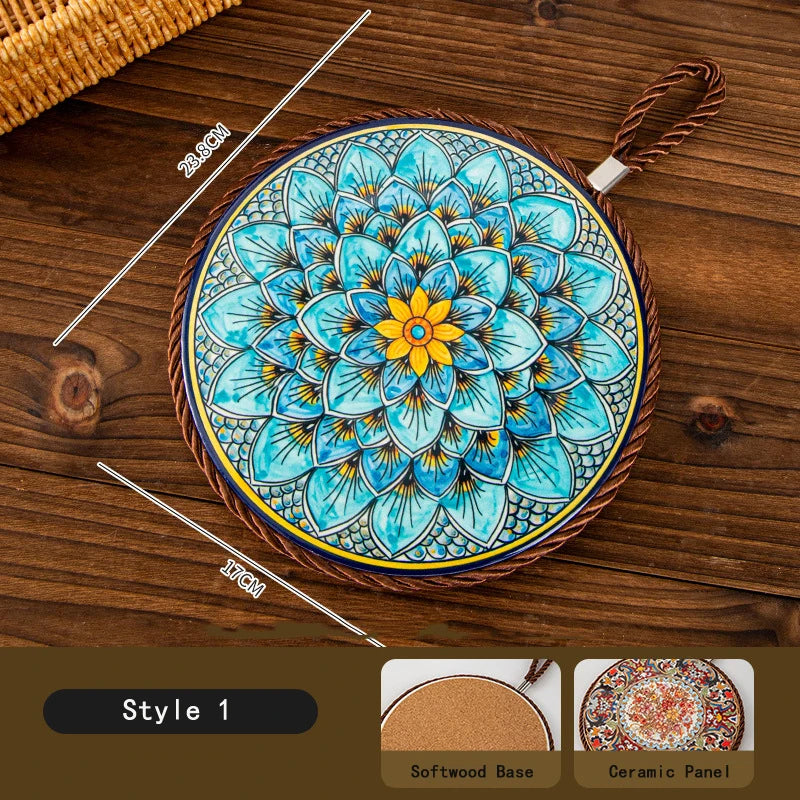 HeMu Bohemian Style Ceramic Pot Holders,Mandala Pattern Heat Resistant Trivets,Hanging Kitchen Coasters with Rope for Hot Dishes