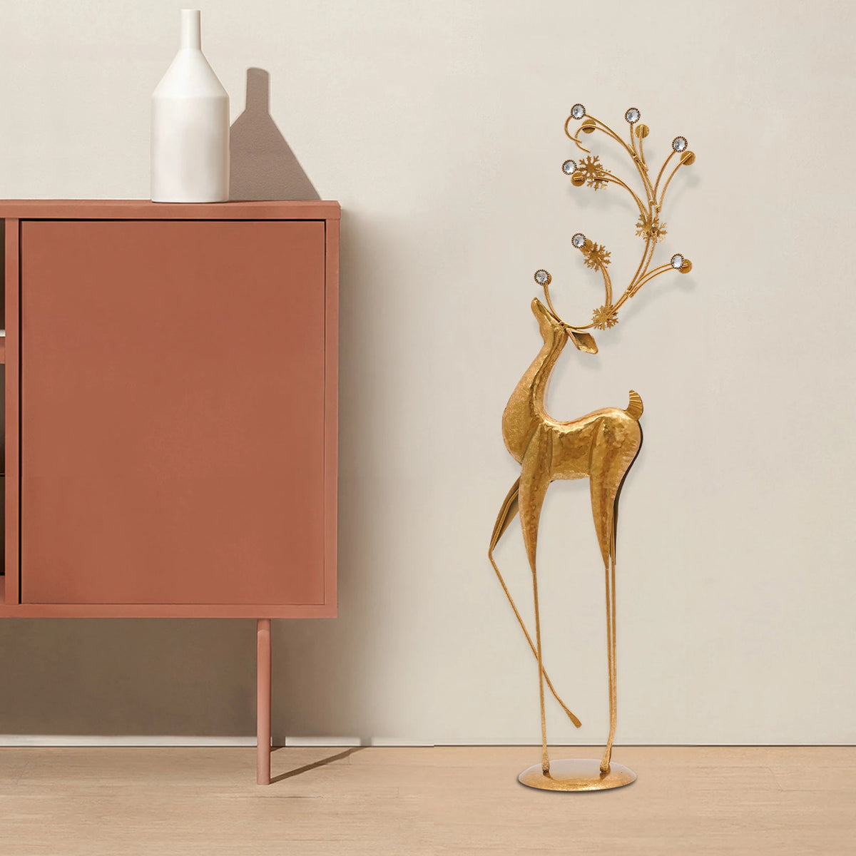 85CM Large Gold Deer Statue, Retro Iron & Plastic Sculpture with Rhinestone Antlers, High-Temperature Baking Paint, Sturdy Freestanding Home Decor Ornament for Living Room, Office, Christmas Gift