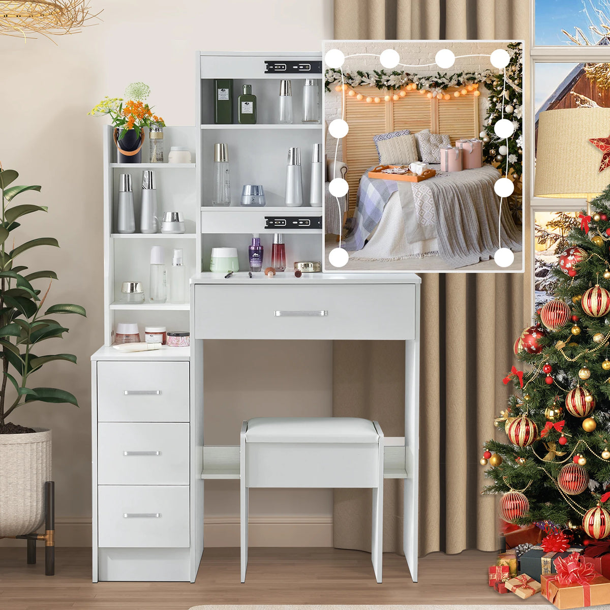 Yamissi LED Vanity Desk With Sliding Mirror And Four Drawers