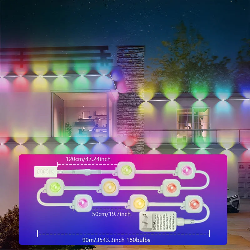 50FT/100FT/150FT/200FT/300FT Permanent Outdoor Lights Waterproof RGB String Lights DIY Scene Christmas Birthday Holiday Party