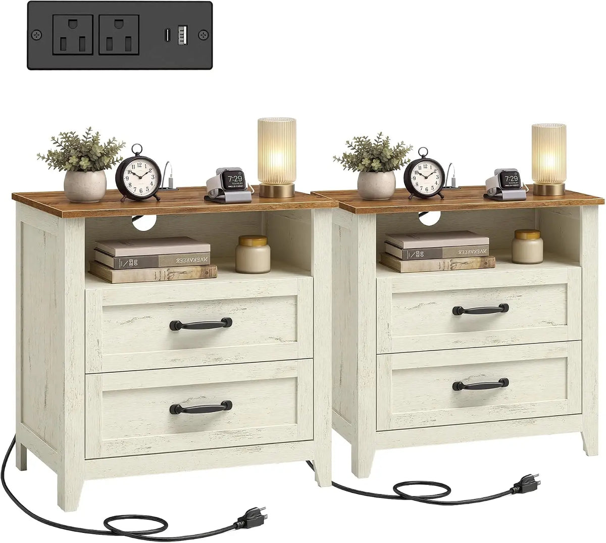 Novilla Farmhouse Nightstand Set With Charging Station And Two Drawers