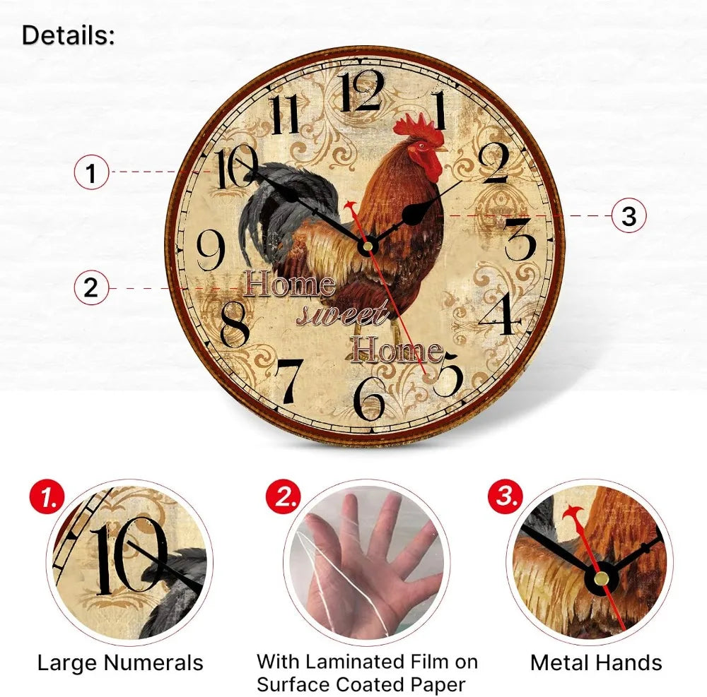 14 Inch Rustic Rooster Wall Clock, Retro Silent Non Ticking, Easy to Read, Battery Operated Decorative Clock for Kitchen Living Room Bedroom Farmhouse