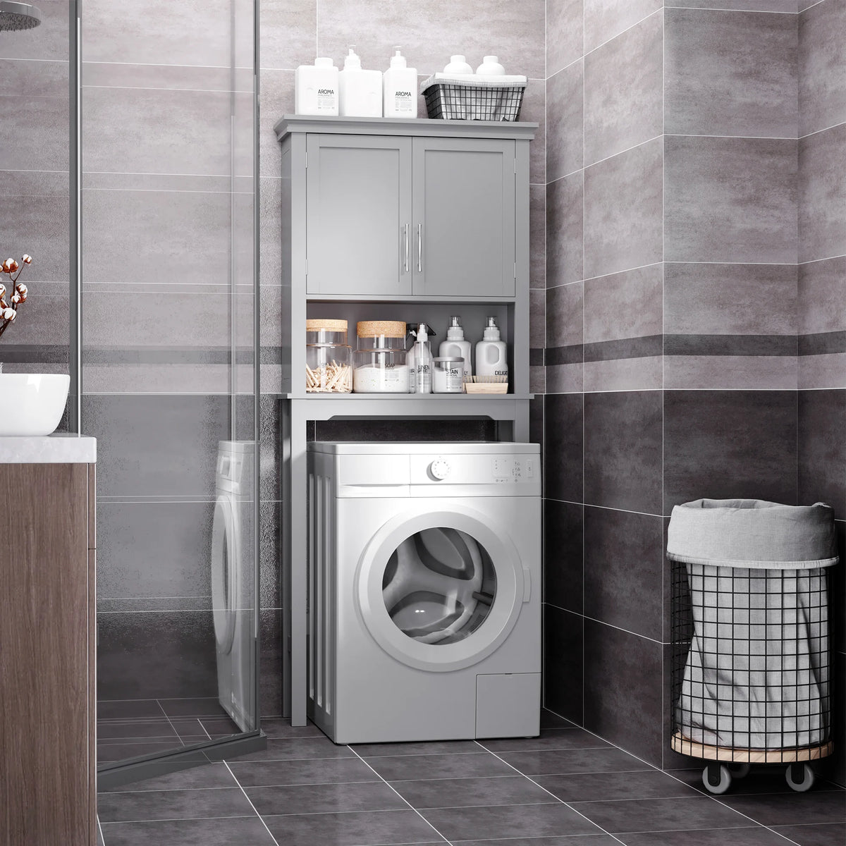 Kleankin Modern over the Toilet Storage Cabinet, Double Door Bathroom Organizer with Inner Adustable Shelf and Open Shelf, Grey