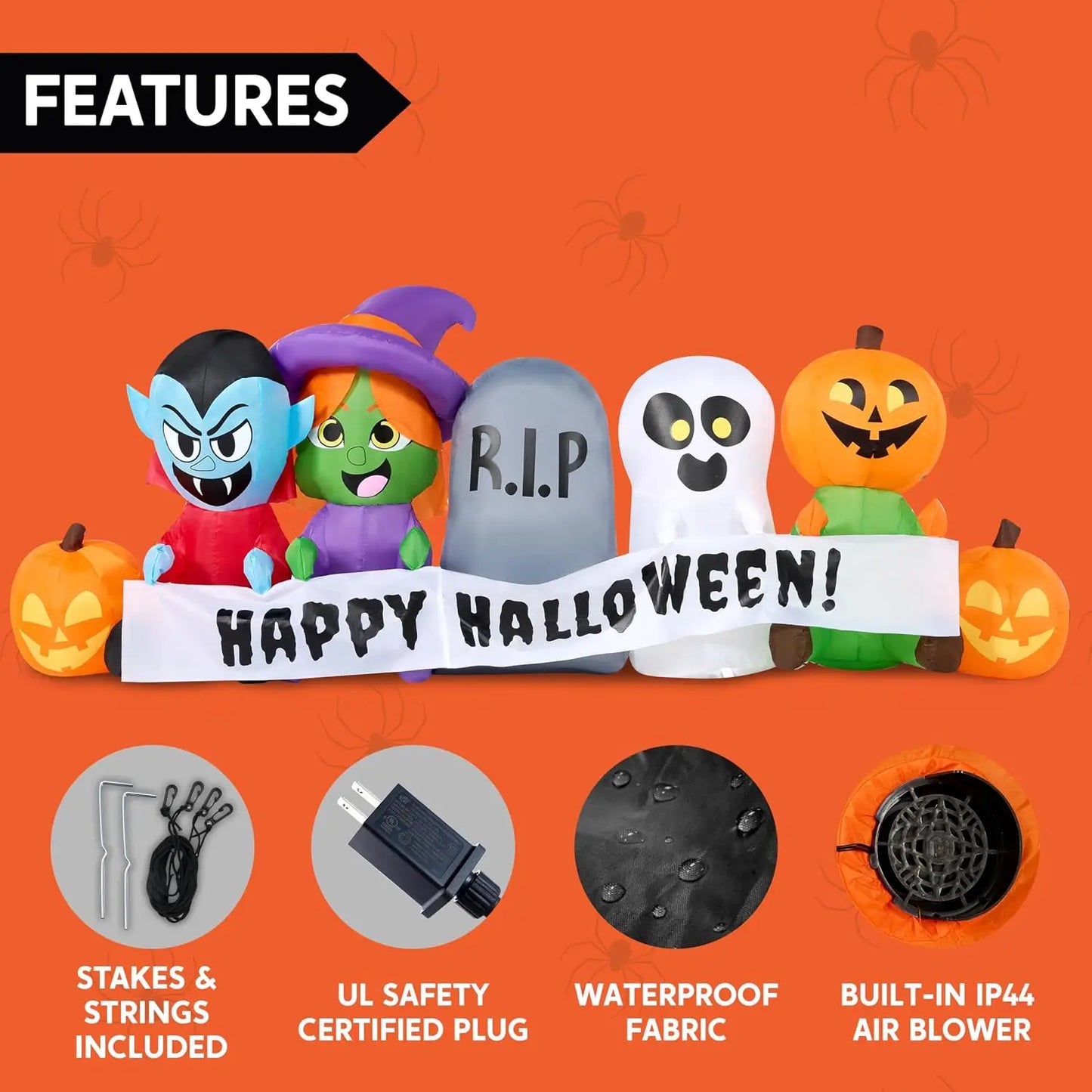 8 FT Long Inflatable Halloween Decor Outdoor, Halloween Blow Up Decorations Inflatable Pumpkin Ghost Vampire Witch Tombstone with LEDs for Yard Decorations