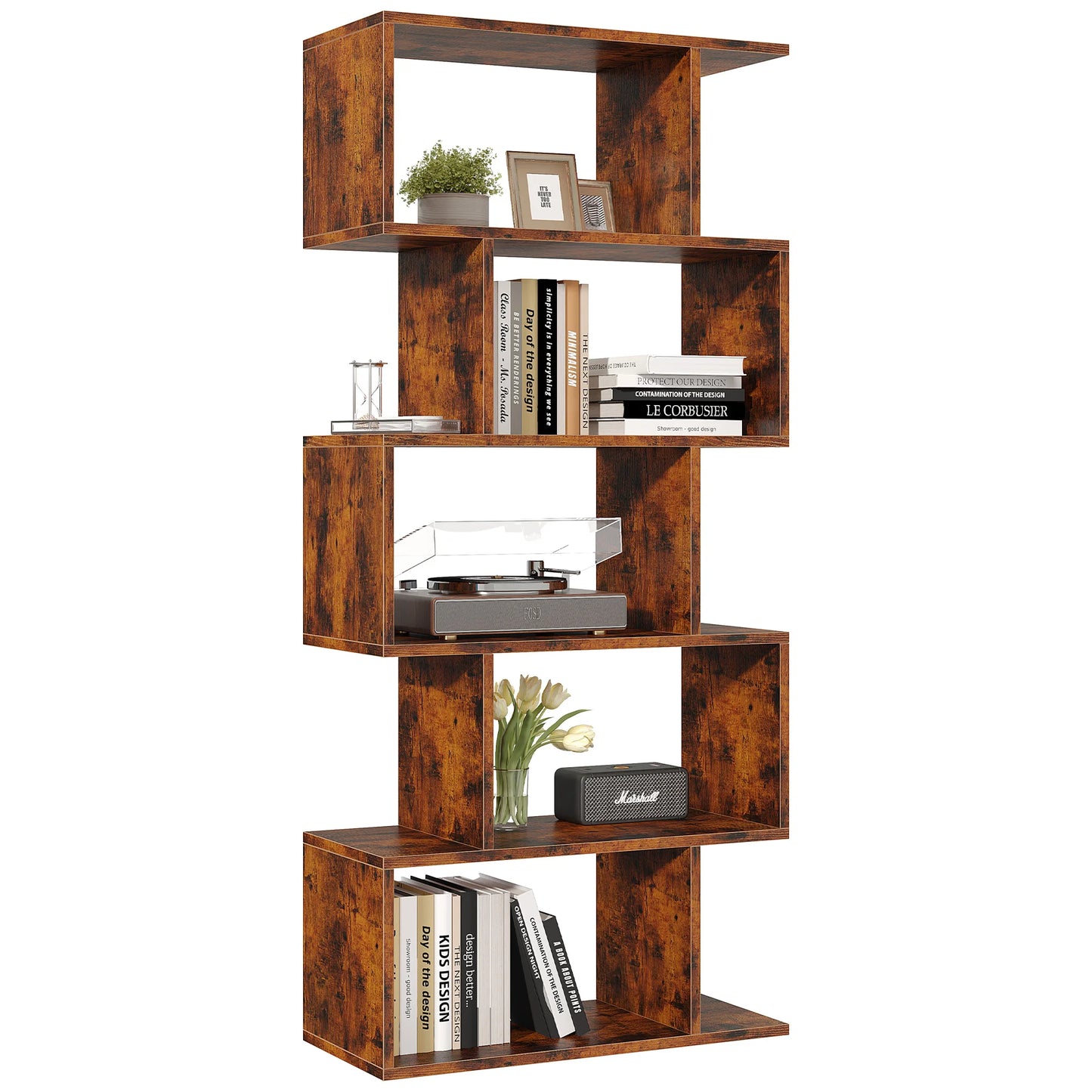 JHK Modern Five Tier Wooden S Shaped Display Bookcase