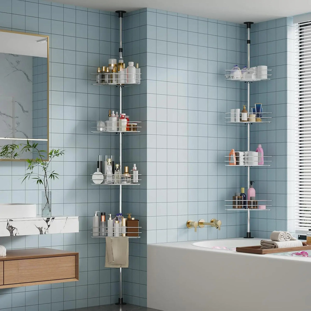 Bathroom Corner Shower Tension Pole Rust Proof Telescopic Rod Four-Layer 4 Tier Storage Rack Shower Organizer Stainless Steel Decor Shelf