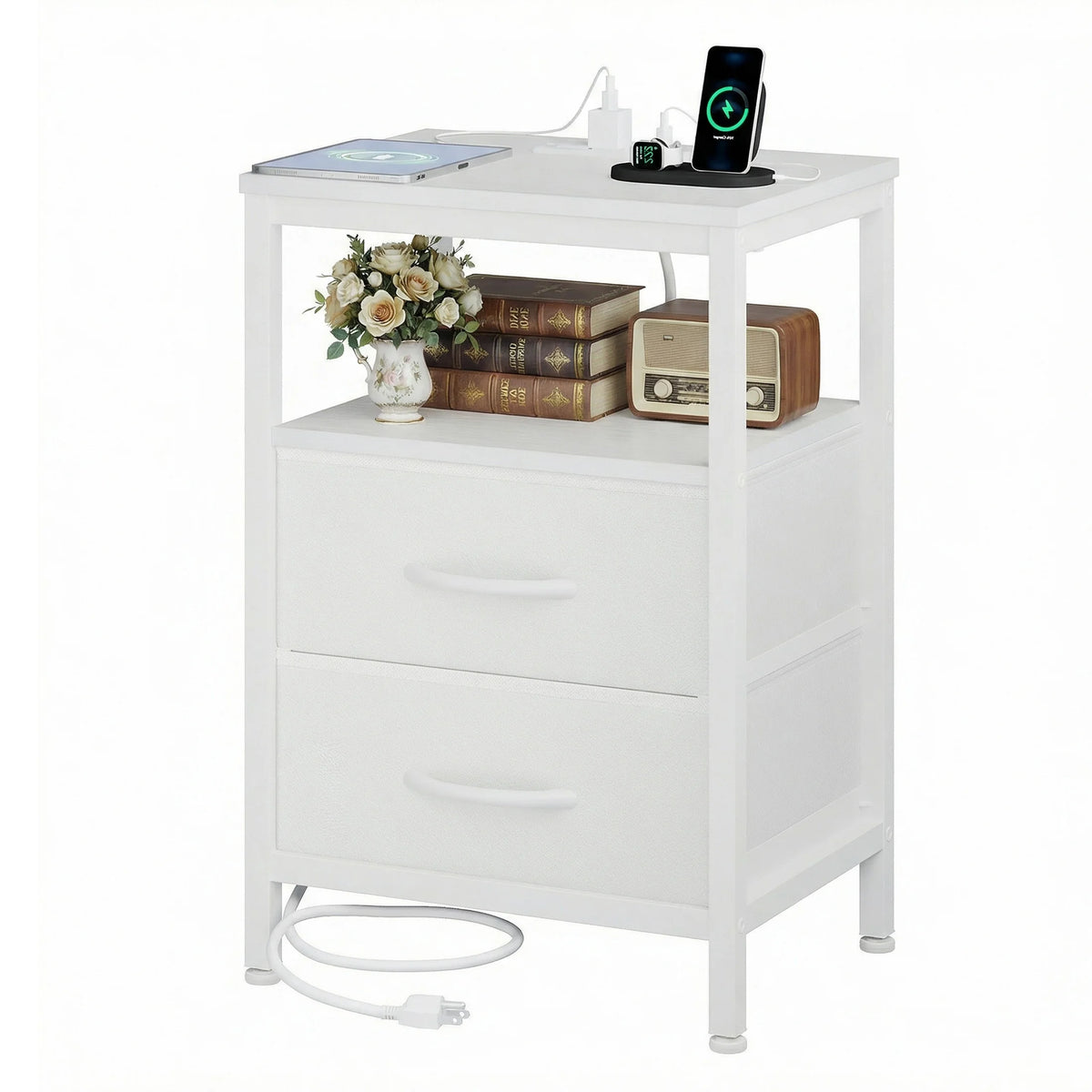 JHK Fabric Nightstand With USB Charging And Open Shelf