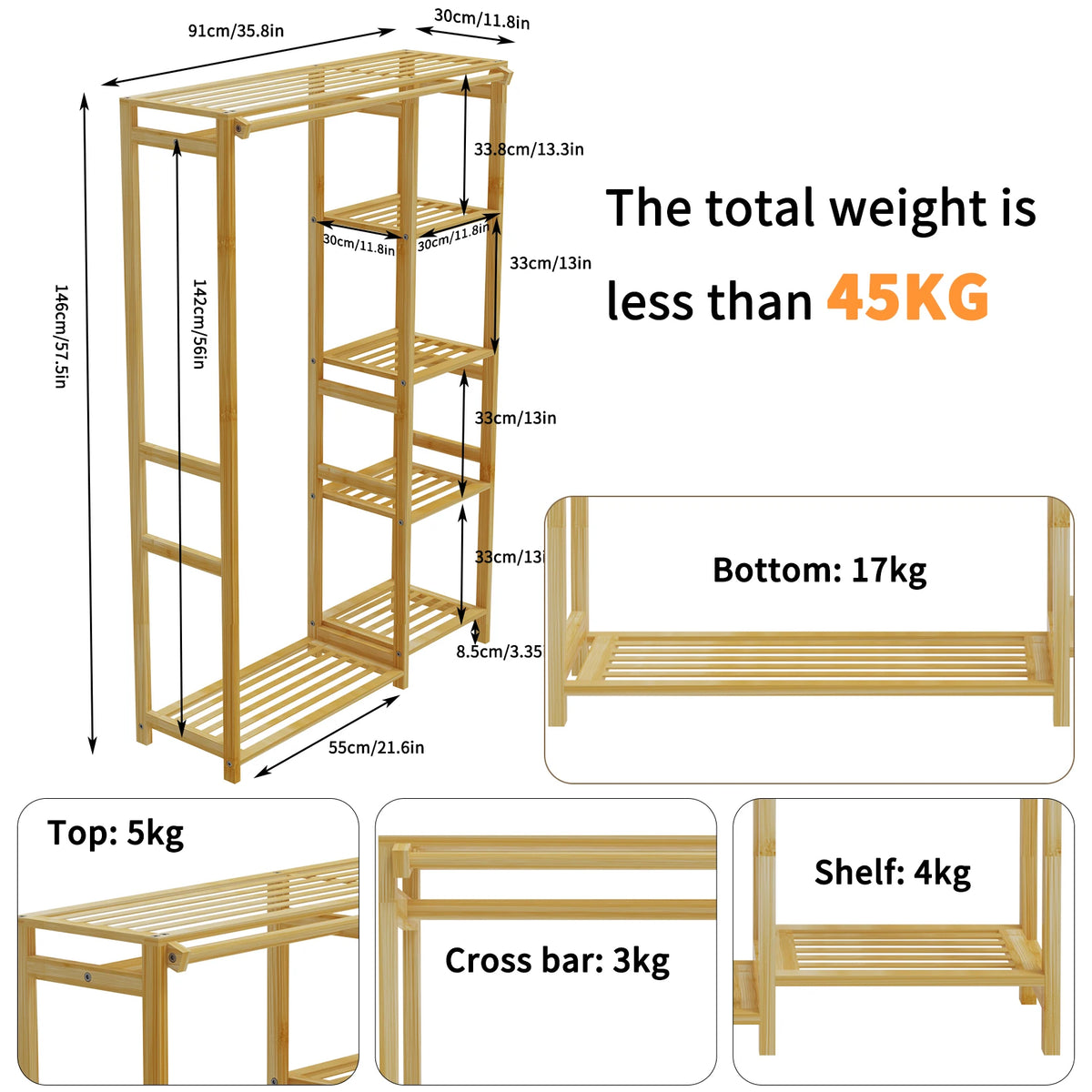 6 Tier Bamboo Garment Rack with Hanging Cover and Storage Shelves
