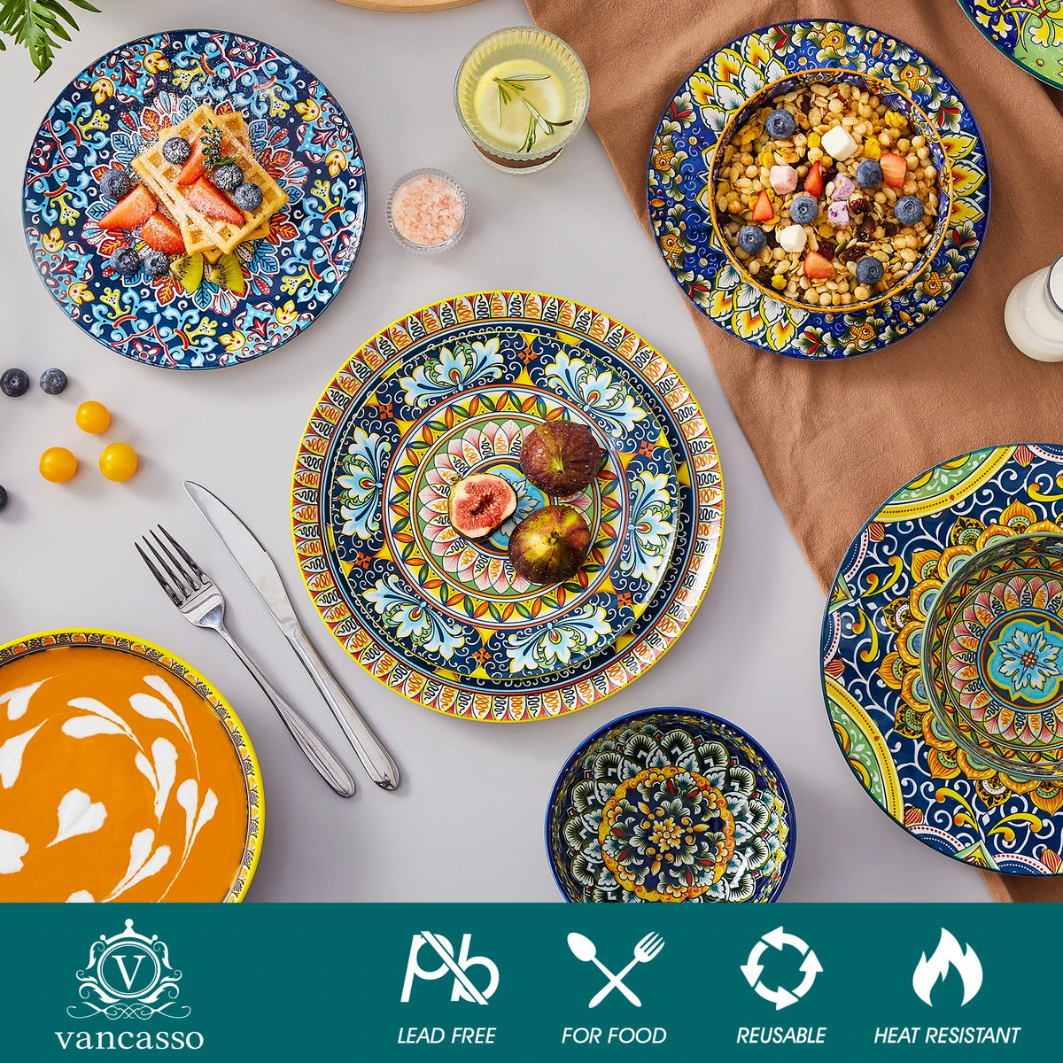 MALACASA Bohemian Porcelain Dinnerware Set with Plates and Bowls