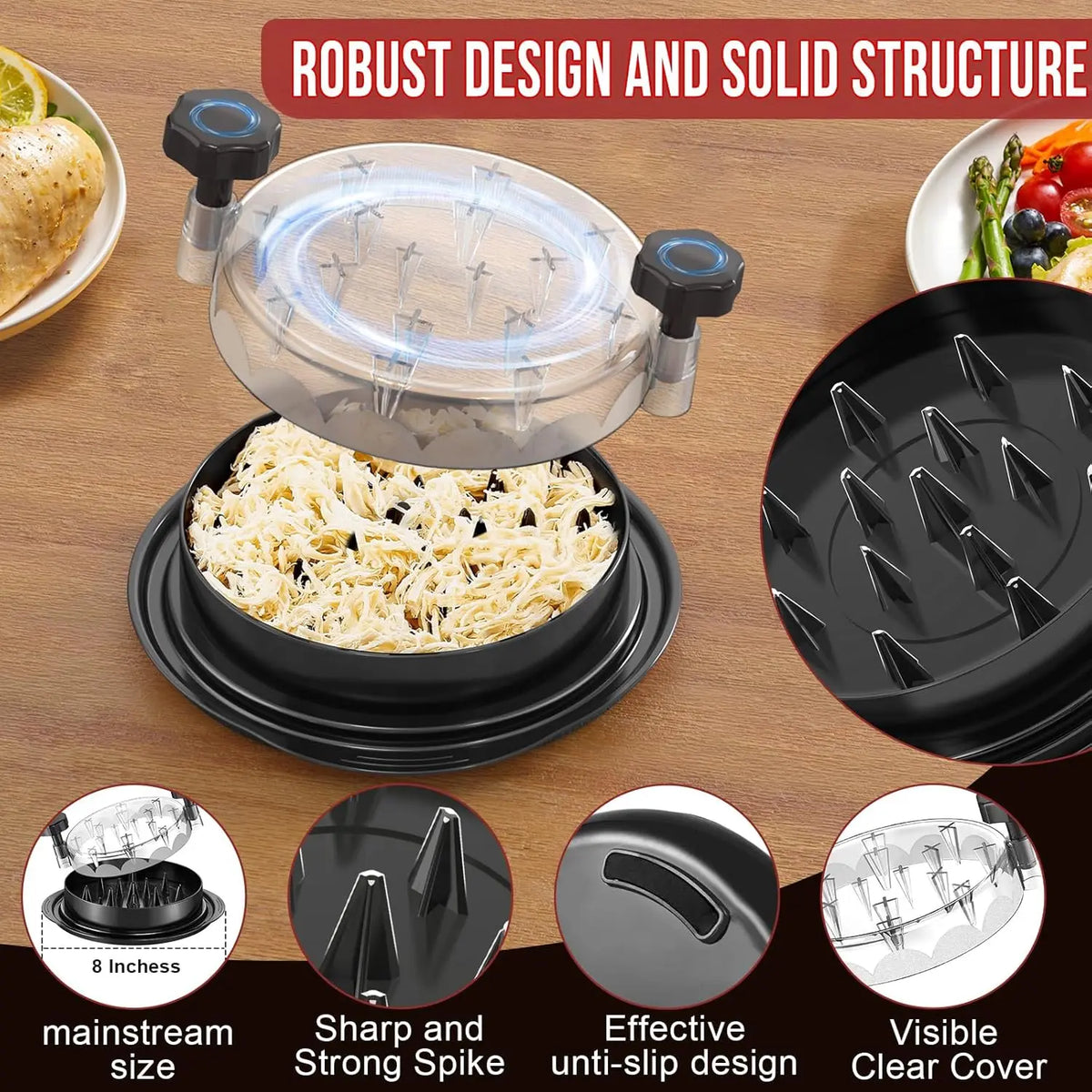 Chicken Shredder 8 Inches Chicken Shredder Tool Twist Black BPA Free Meat Shredder with Clear Lid Ergonomic Anti-slip Handle Easy To Clean Dishwasher Safe Shredding Tool for Chicken Breast Pork Beef Cooked Meat