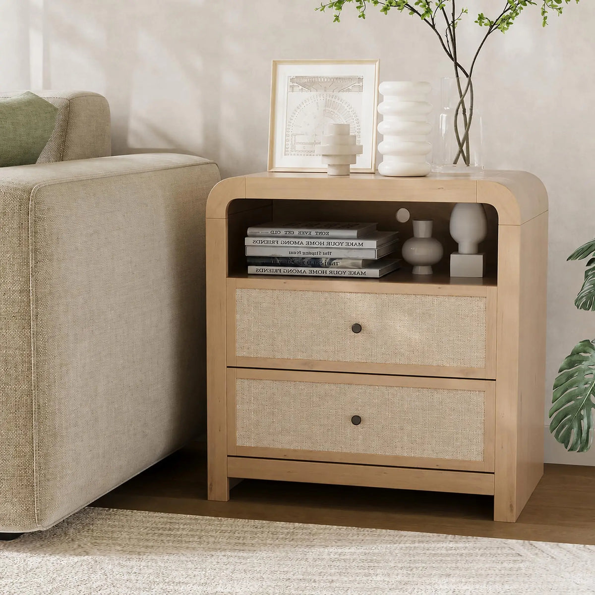 23" Wide Nightstand With Charging Station, 2 AC Outlets 2 USB Ports, 2 Drawer Narrow Bedside Table For Bedroom Living Room Entryway