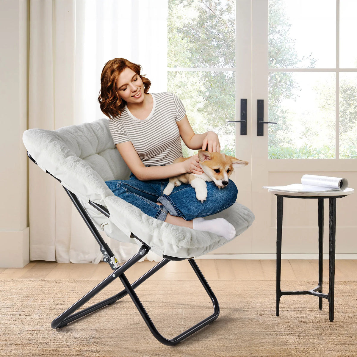 JHK Folding Saucer Lounge Chair With Padded Faux Fur Seat