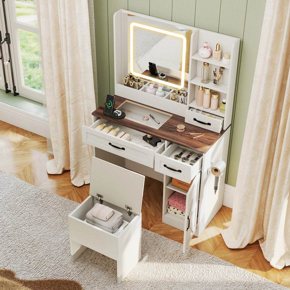 HOMASIS Vanity Desk With Mirror, Power Outlets, And Adjustable Lighting