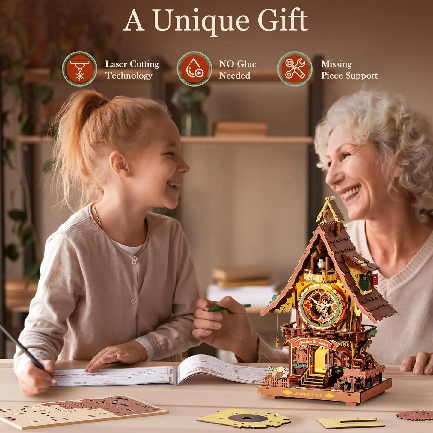 Robotime Rokr 3D Wooden Puzzle Cuckoo Clock Kit Black Forest Style with Working Bird  DIY Clock Model Kit for Kids Adults Model