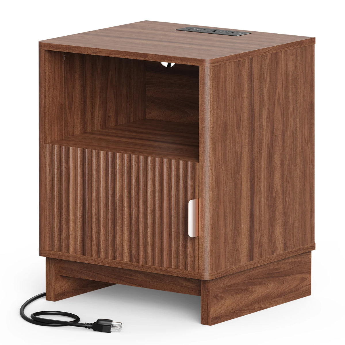 TinyNest Fluted Wood Nightstand With Charging Station And Storage