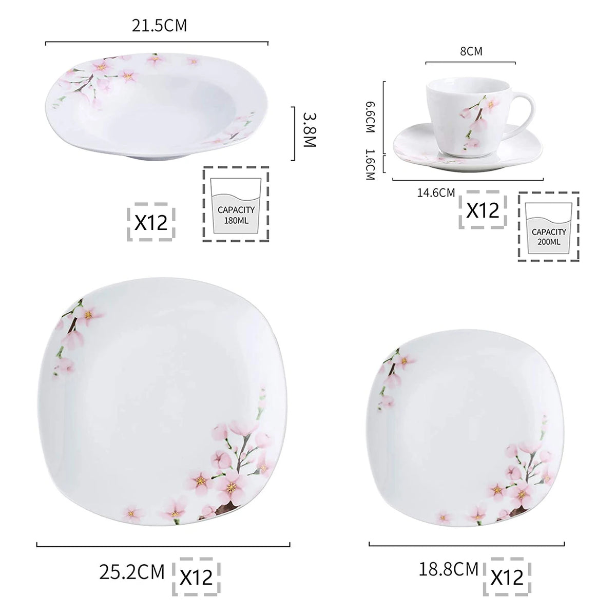 MALACASA Annie Floral Porcelain Dinnerware Set With Plates Cups And Saucers