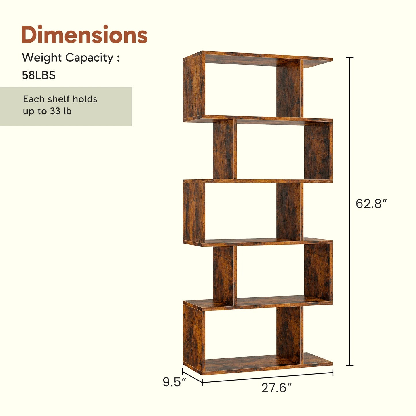 JHK Modern Five Tier Wooden S Shaped Display Bookcase
