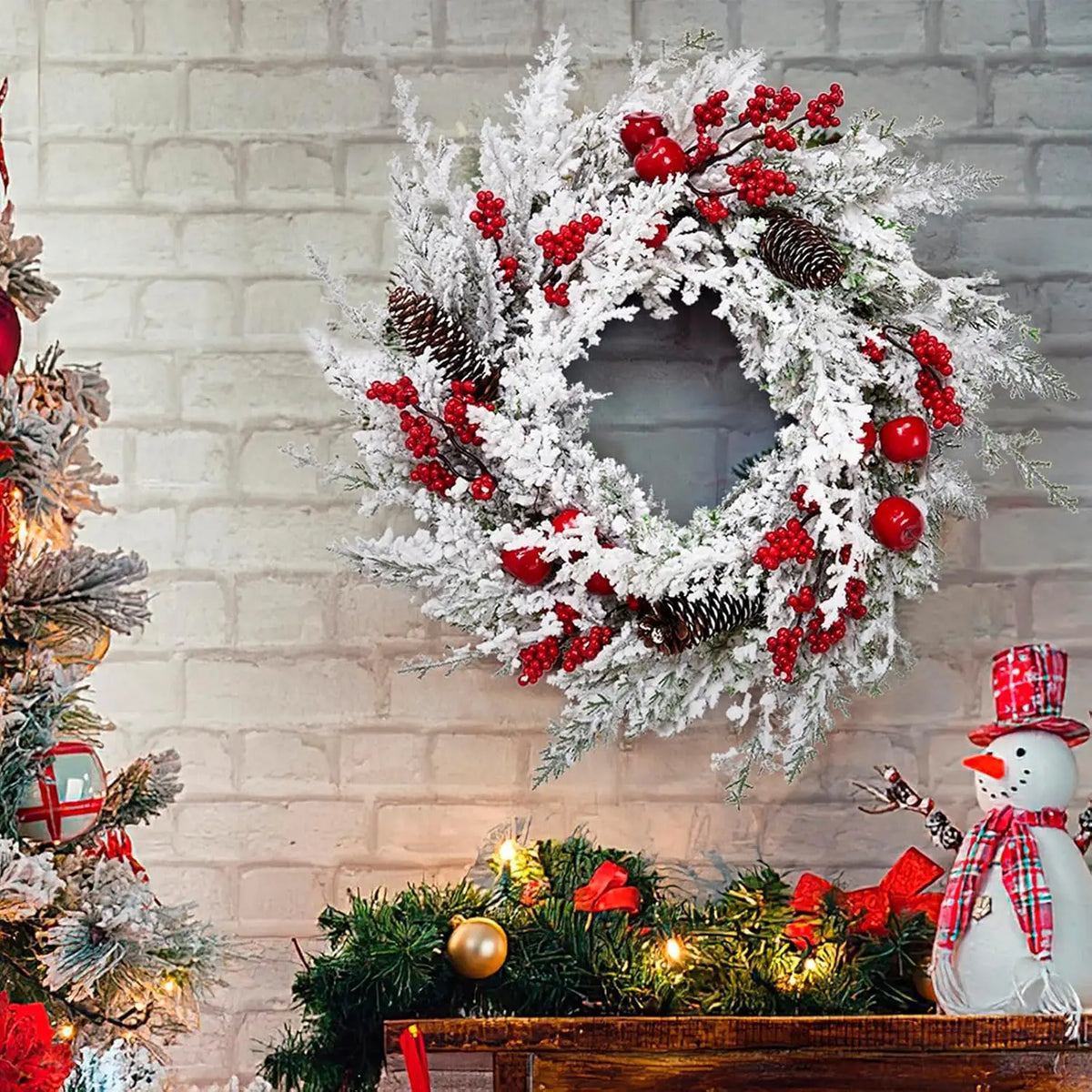 18 Inch Winter Christmas Wreath Snow Flocked Artificial Pine Garland Wreath Red Berries Pinecones Xmas Ornament Window Wall Hanging Decor Christmas Decorations