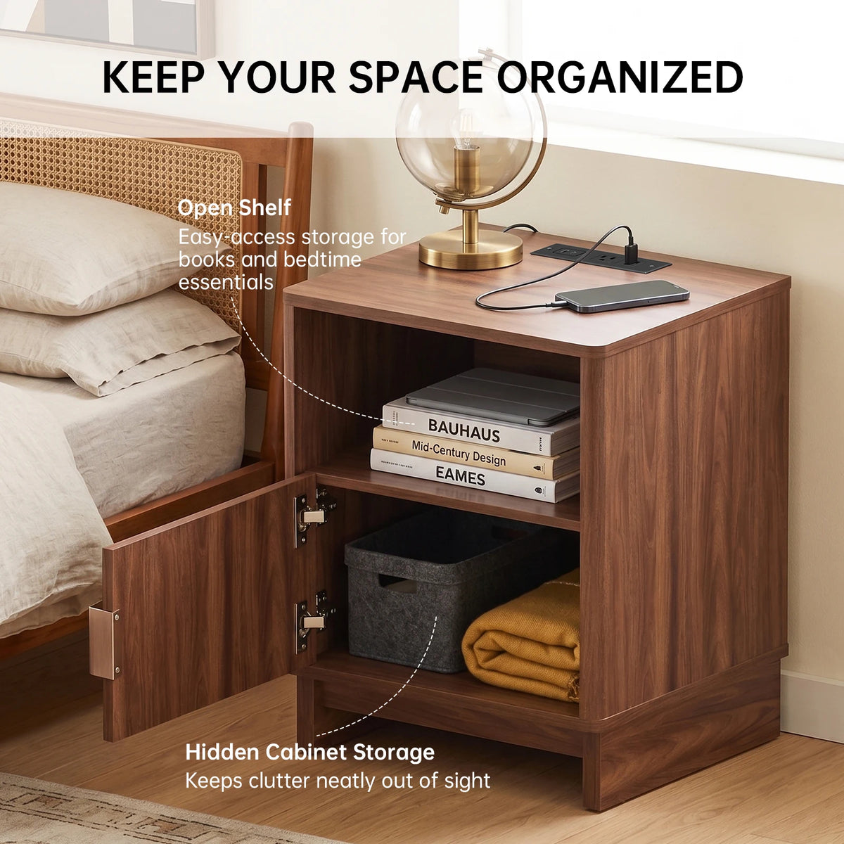 TinyNest Fluted Wood Nightstand With Charging Station And Storage