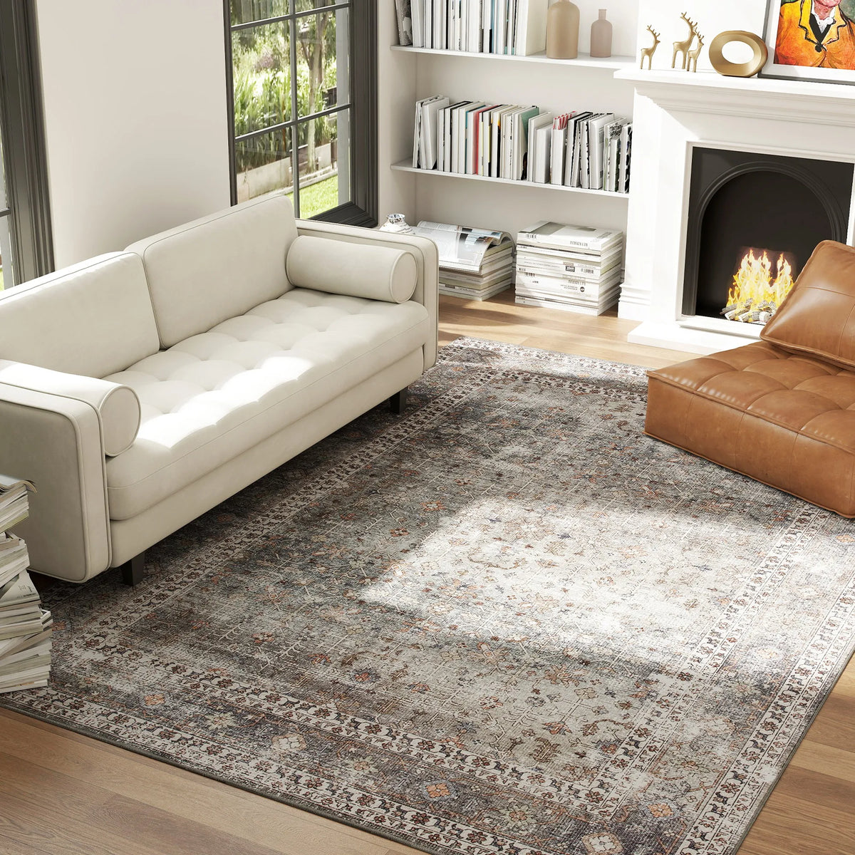 Area Rug 8x10, Machine Washable Rug, Non-Slip Traditional Floor Cover Foldable Carpet, Dark Mixed-Brown
