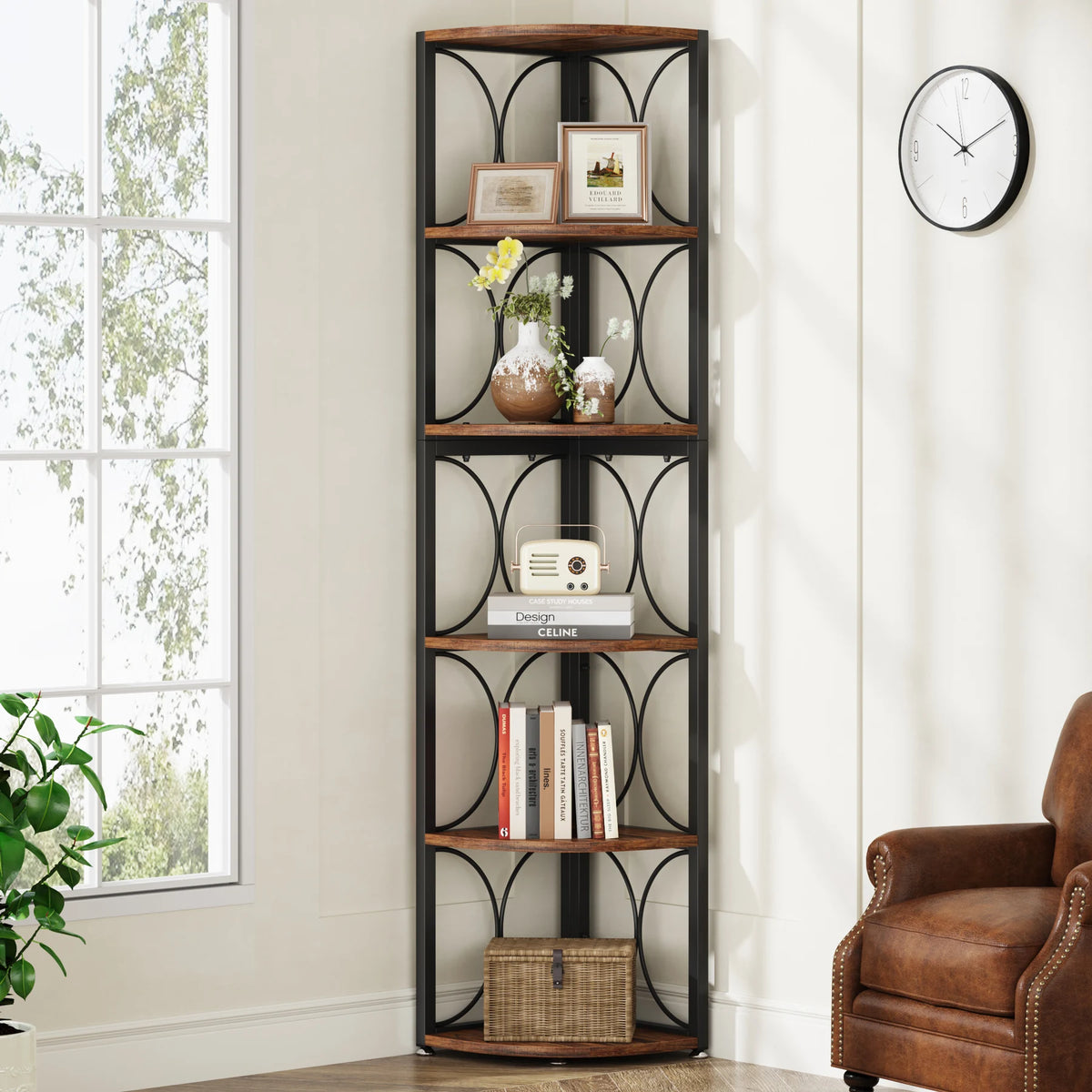 Tribesigns 6 Tier Tall Corner Shelf, 61 inch Rustic Corner Bookshelf Storage Rack Standing Shelving Unit