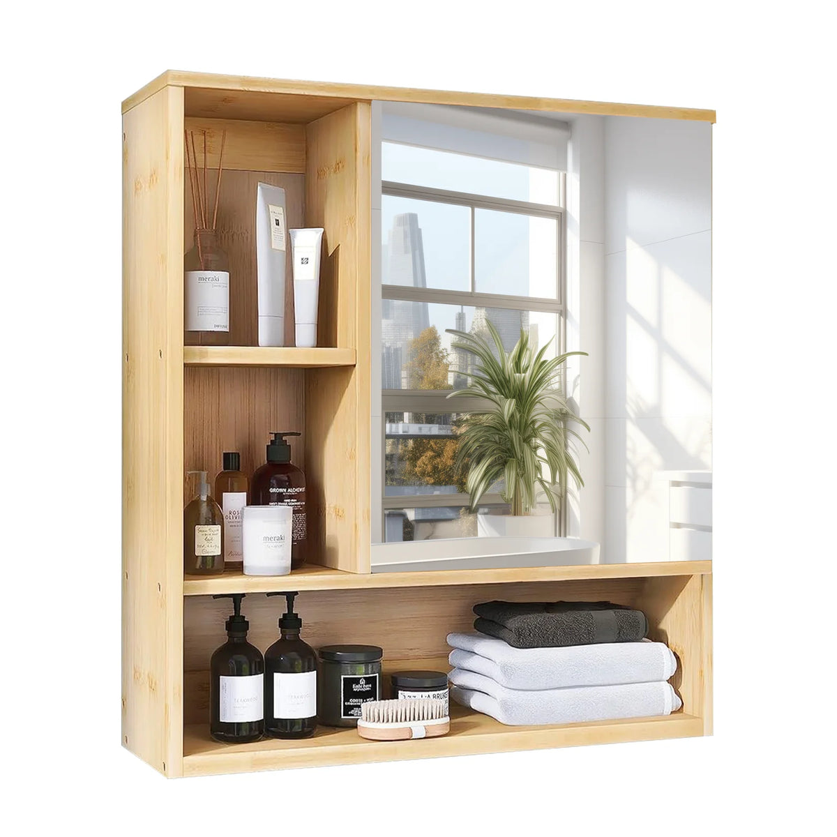 Wisfor Bamboo Bathroom Medicine Cabinet With Mirror And Storage Shelves