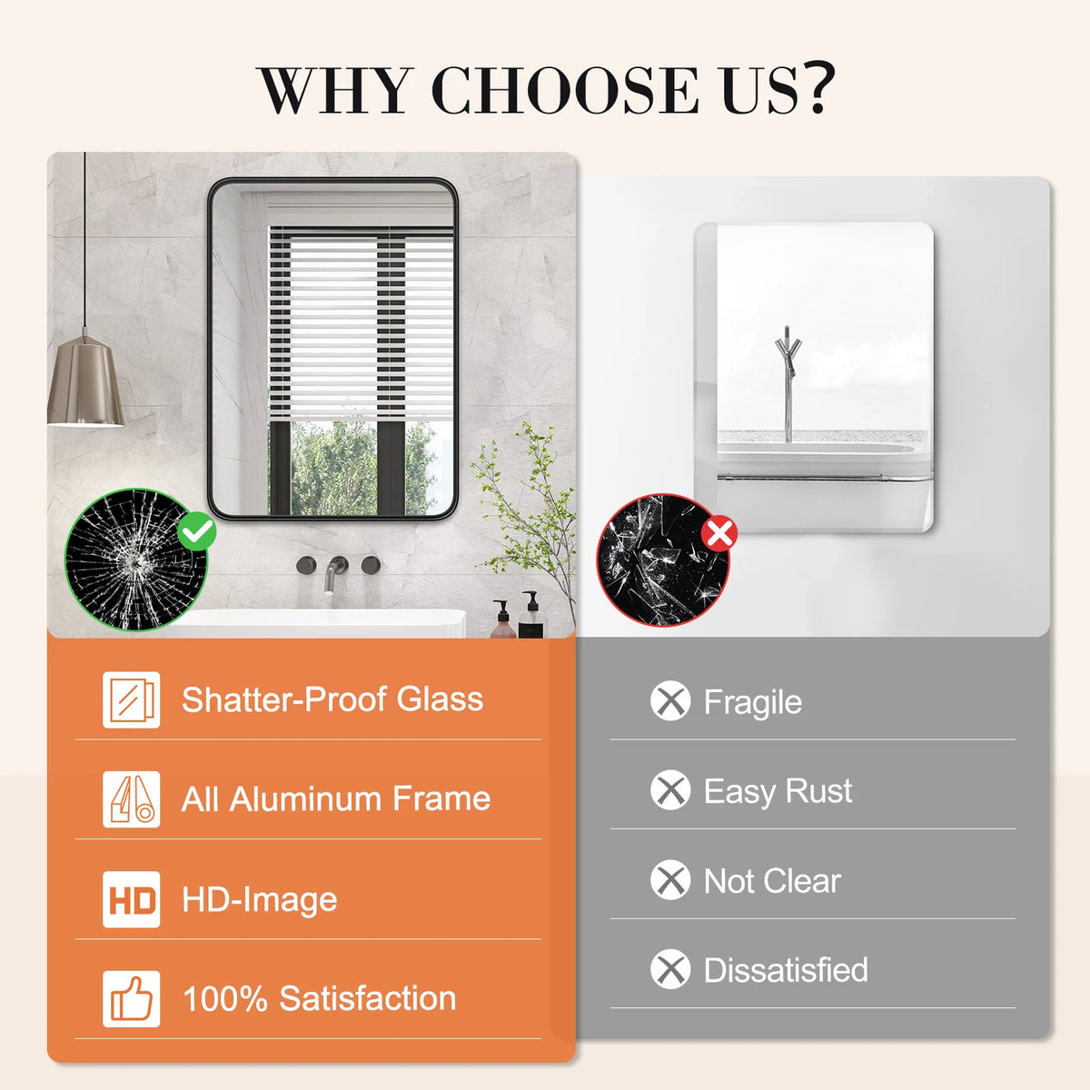 JHK Matte Metal Framed Bathroom Mirror for Wall,Vanity Rectangle Rounded Corner Tempered Glass Mirror,Clear Reflection,Modern