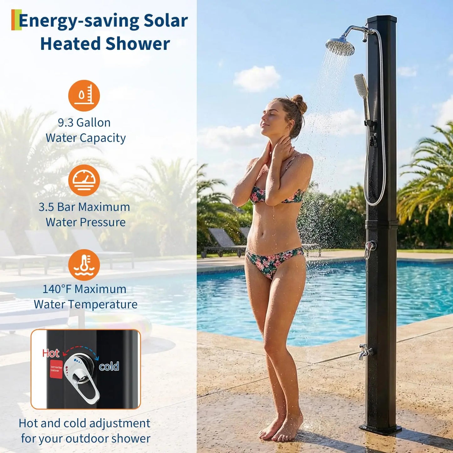 7.2FT Freestanding Solar Heated Pool Shower 9.3 Gallon Outdoor Shower Kit With Handheld Foot Faucet Hot Cold Water & Cover