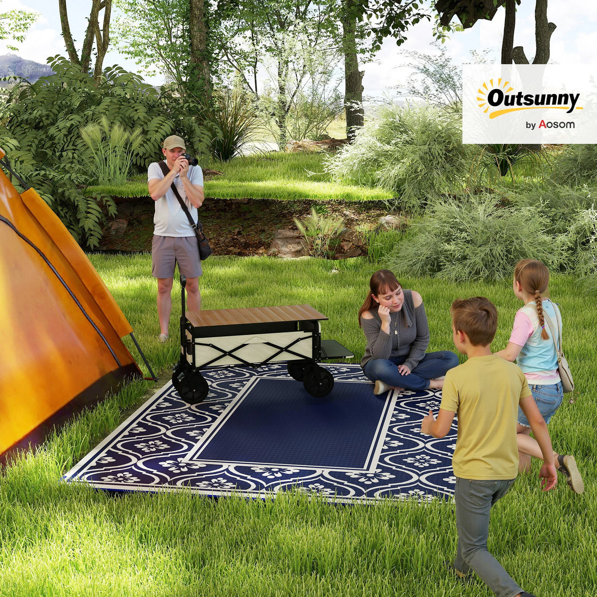 Outdoor Rug, 8' x 10' Plastic Straw, Blue White Gourd Border