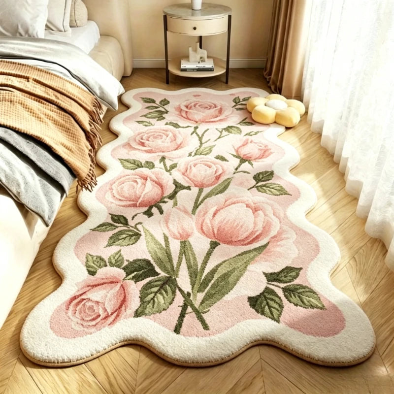Pastoral Style Carpets for Living Room Pink Flowers Bedroom Decor Carpet Irregular Bedside Plush Rug Fluffy Soft Home Floor Mat