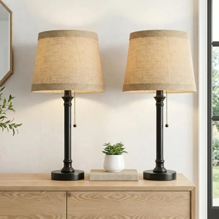 Farmhouse Table Lamp Set With Natural Shades And Pull Chains