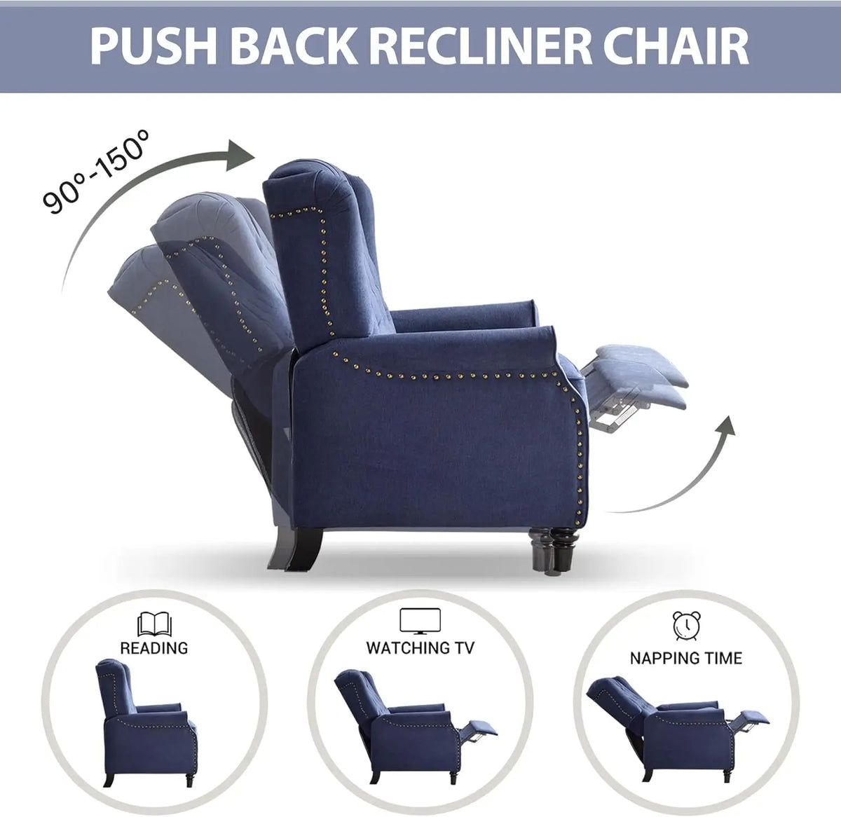 EBELLO Mid Century Wingback Push Back Recliner With Rivet Detail