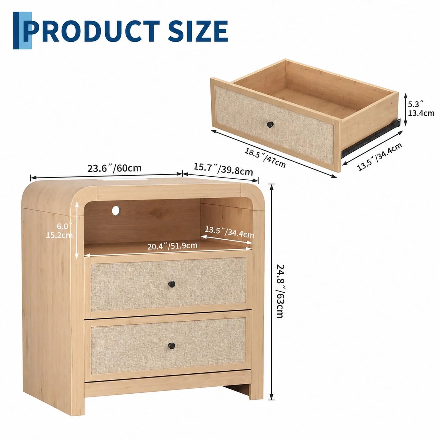 23" Wide Nightstand With Charging Station, 2 AC Outlets 2 USB Ports, 2 Drawer Narrow Bedside Table For Bedroom Living Room Entryway