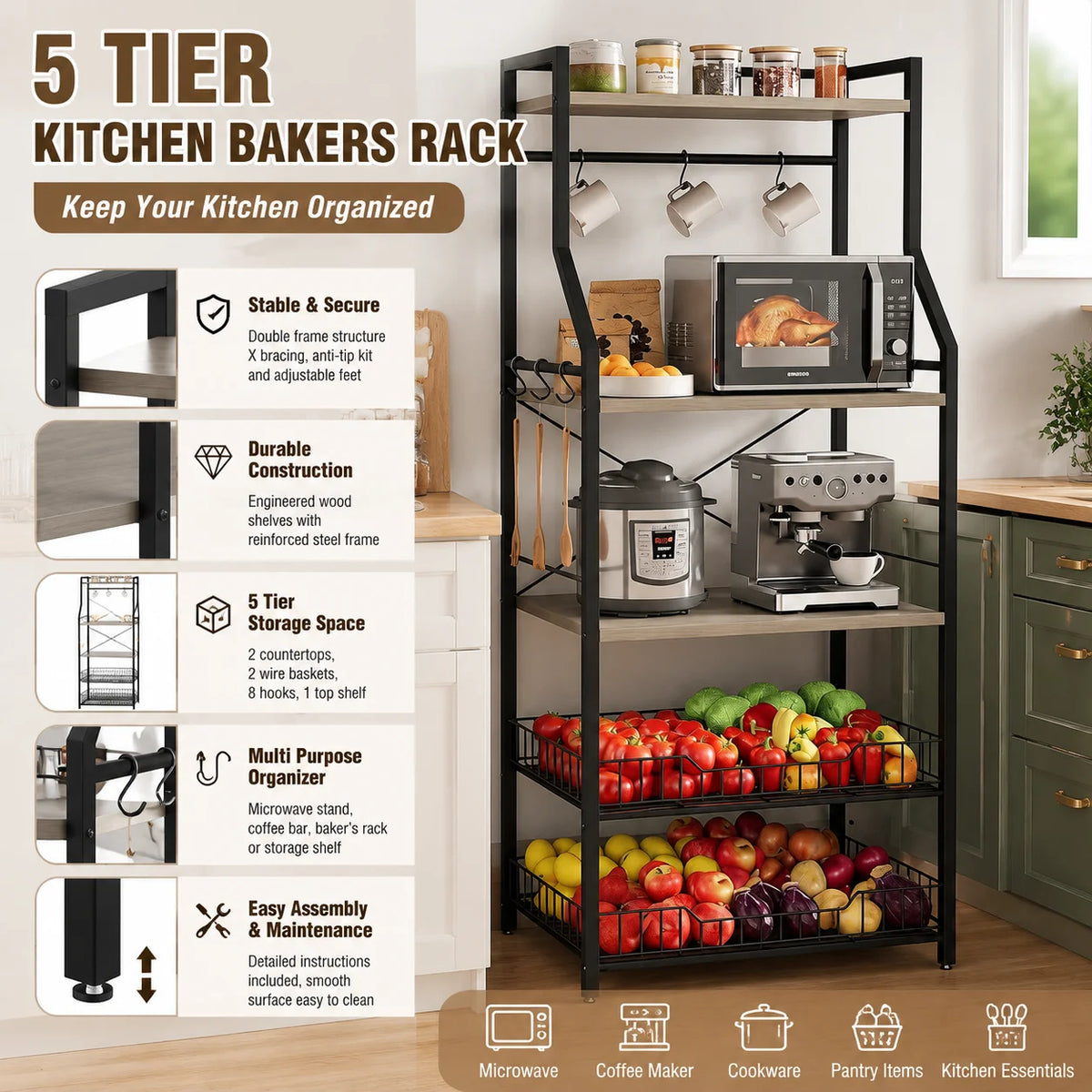 Kitchen Bakers Rack With Microwave Stand Coffee Bar Storage Organizer
