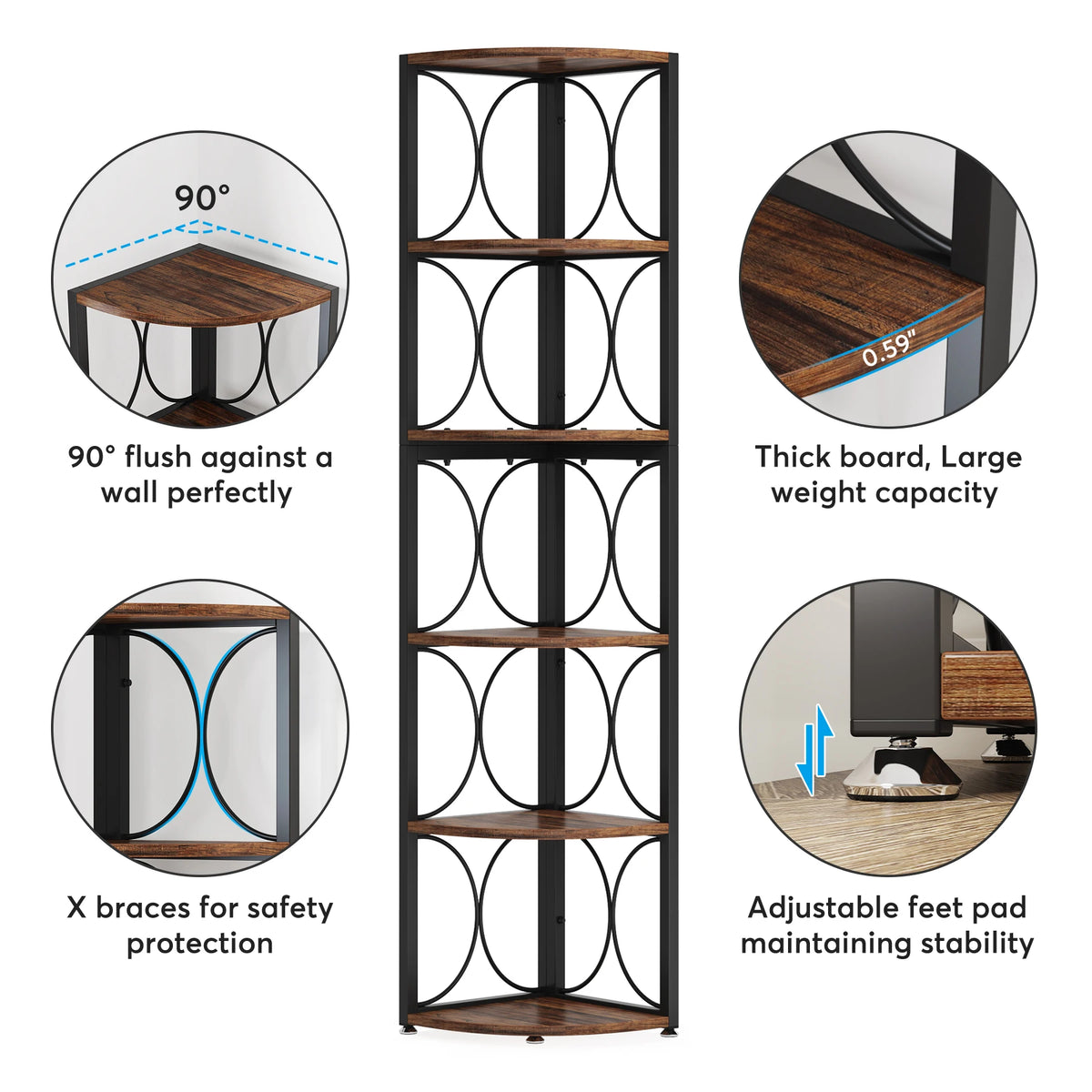Tribesigns 6 Tier Tall Corner Shelf, 61 inch Rustic Corner Bookshelf Storage Rack Standing Shelving Unit