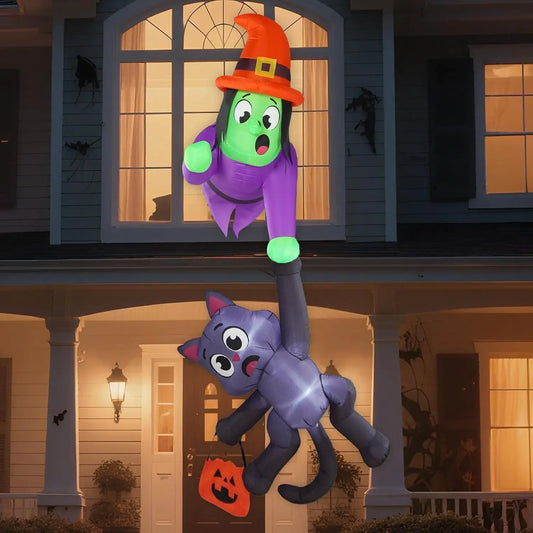 Halloween Witch And Black Cat Inflatable Outdoor Roof Decoration