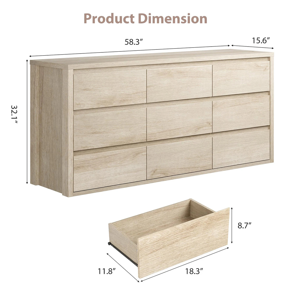 Acekool Modern Handleless Wood Dresser With Spacious Bedroom Storage