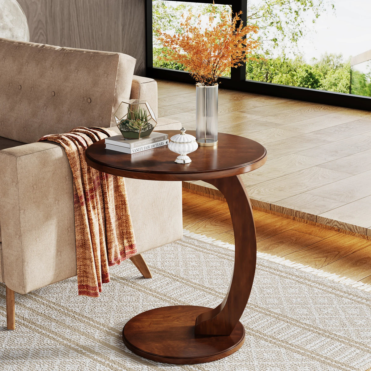 Tribesigns Modern Round C Shaped Wood Side Table for Sofa
