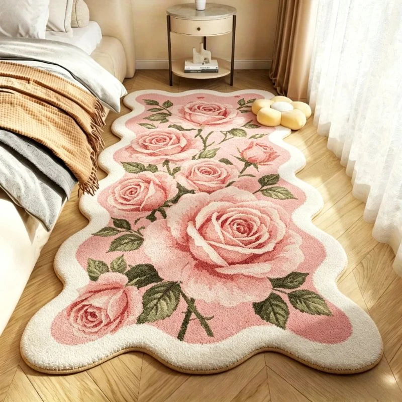 Pastoral Style Carpets for Living Room Pink Flowers Bedroom Decor Carpet Irregular Bedside Plush Rug Fluffy Soft Home Floor Mat
