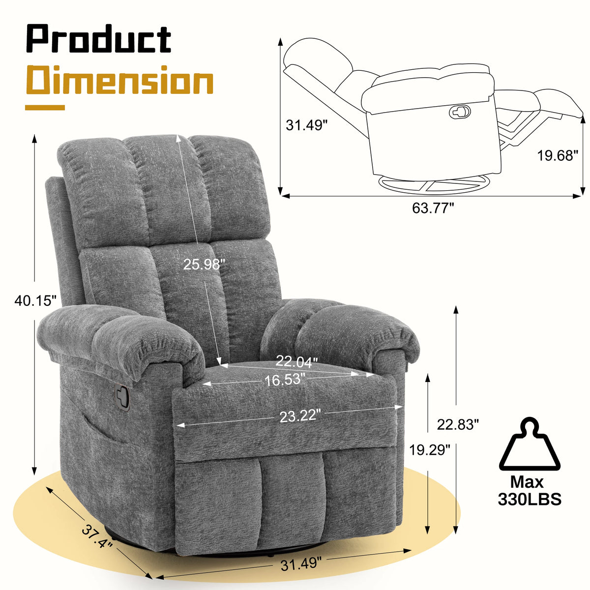 KORSER Chenille Swivel Rocker Recliner Chair With Side Pockets