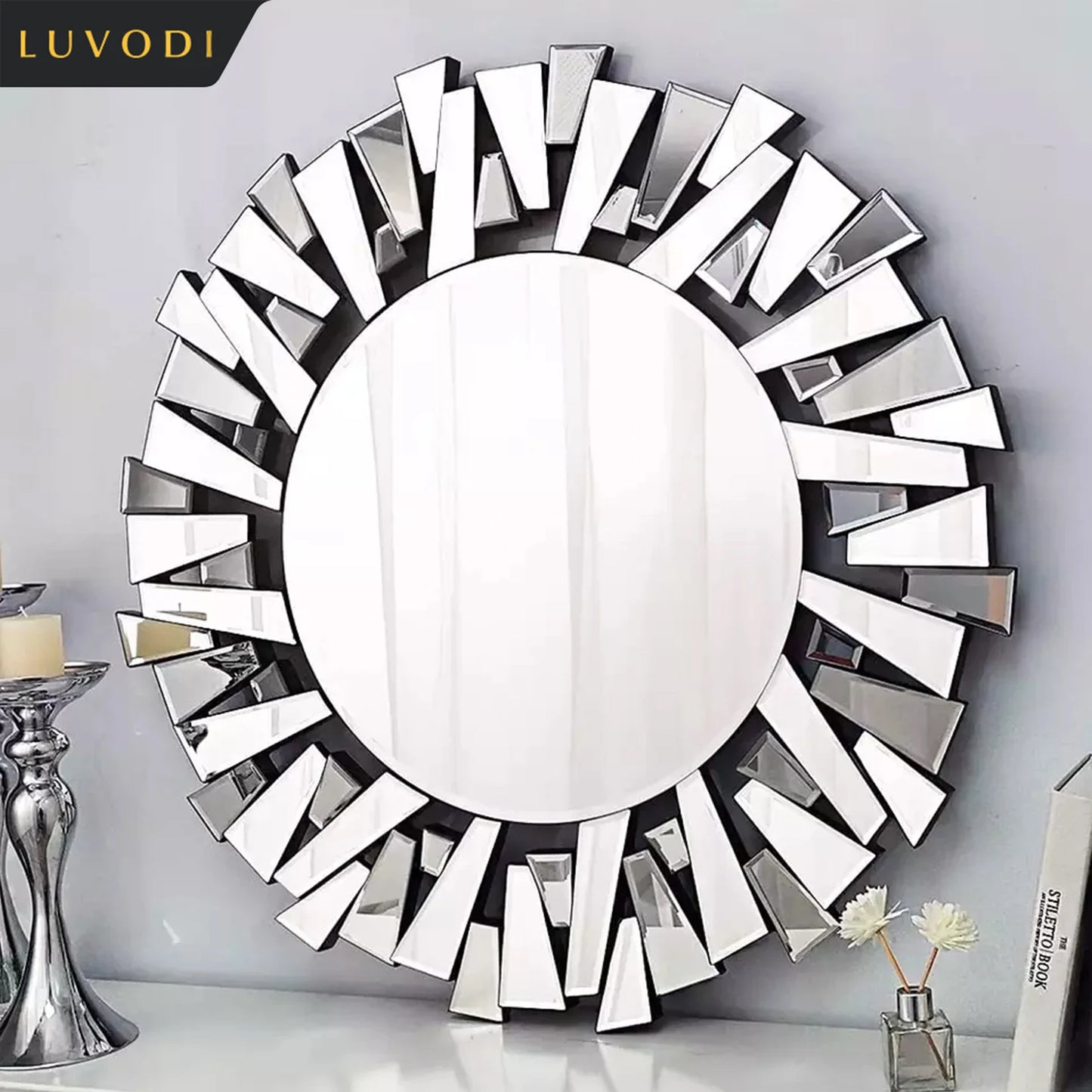 LUVODI Large round Wall Mirror with Silver Starburst Art Design for Living Dining Bed Meeting Bathroom Decorative
