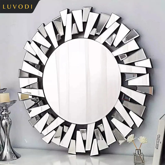 LUVODI Large round Wall Mirror with Silver Starburst Art Design for Living Dining Bed Meeting Bathroom Decorative