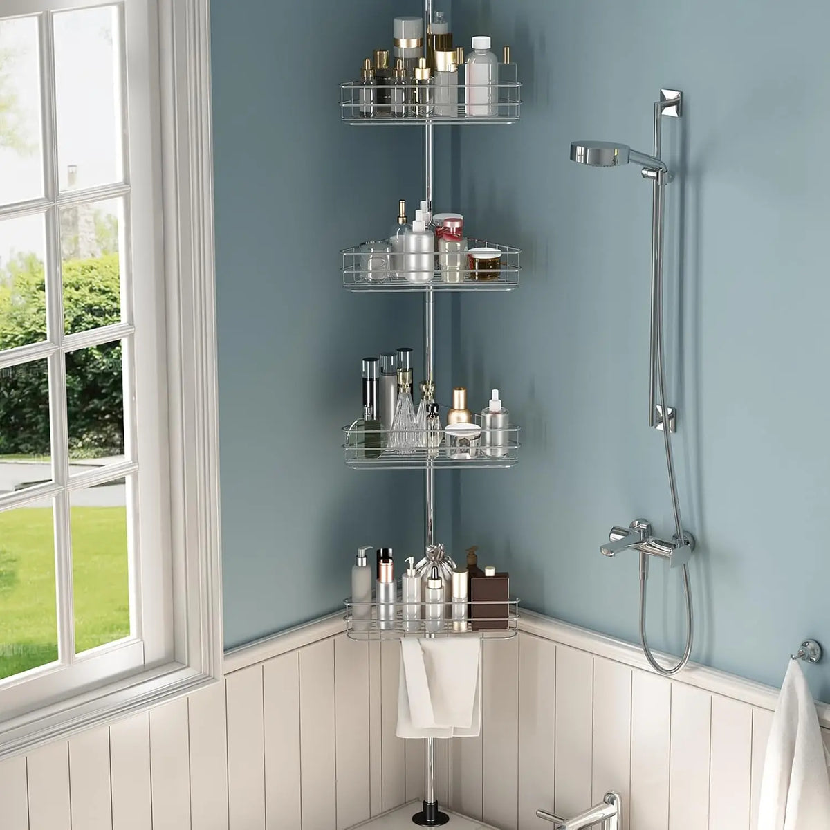 Bathroom Corner Shower Tension Pole Rust Proof Telescopic Rod Four-Layer 4 Tier Storage Rack Shower Organizer Stainless Steel Decor Shelf